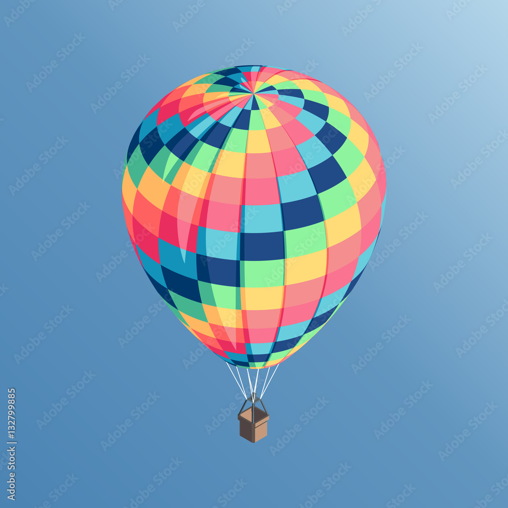 Obraz premium Colorful isometric hot air balloon flying in the blue sky vector illustration
