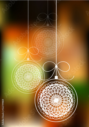 color vector christmas background with decorativeballs with ribbons hanging on blurry background