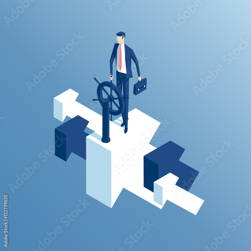 The businessman behind the wheel flying up the arrow isometric illustration. The business concept of successful management
