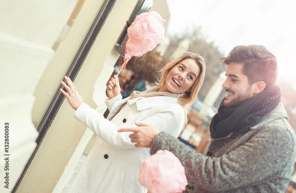 Portrait of a happy loving couple. Dating, shopping Portrait of a happy loving couple. Dating, shopping