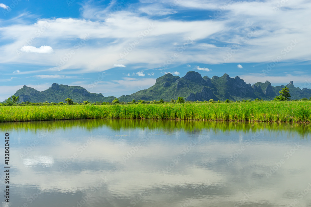 Rice field, Lake, and mountain at Sam Roi Yod national park, Pra