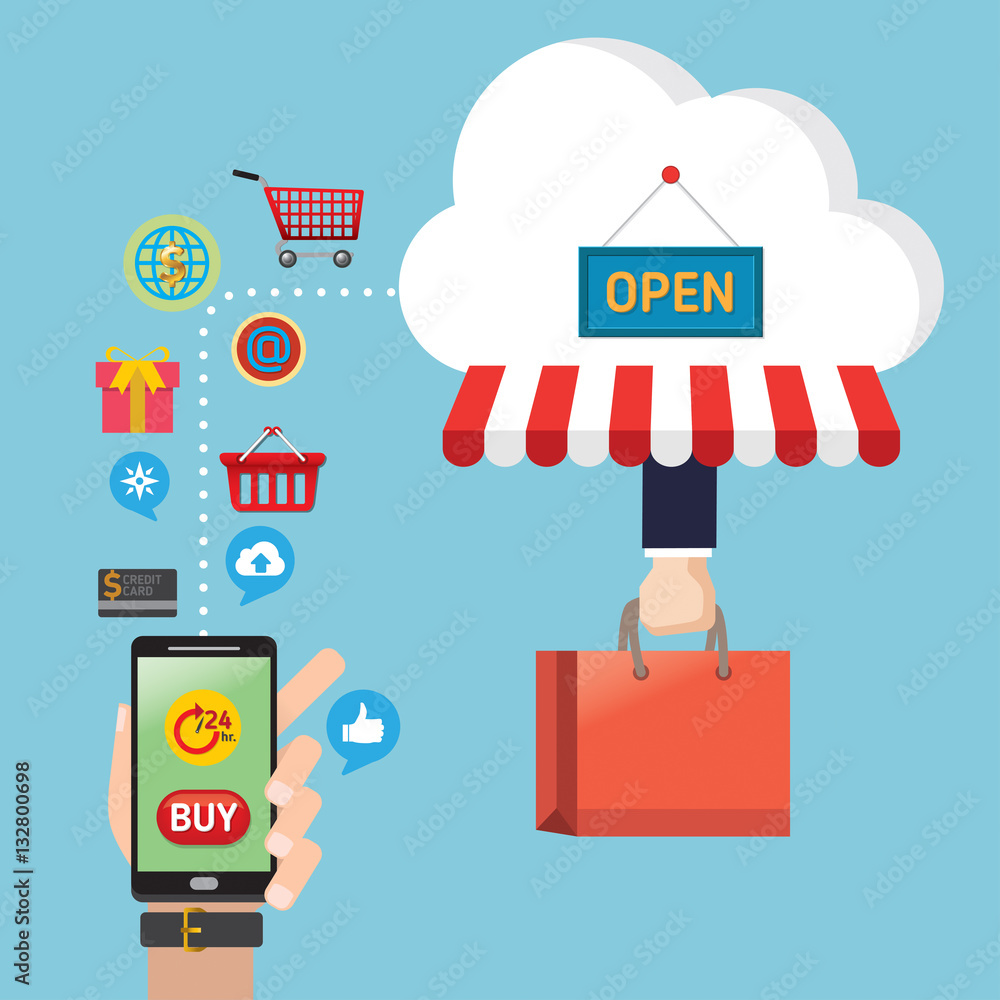 Mobile marketing concept idea with flat icons. Vector illustration. Set of flat design concept icons for online shopping. Mobile marketing concept idea with flat icons. Vector illustration. Set of flat design concept icons for online shopping.