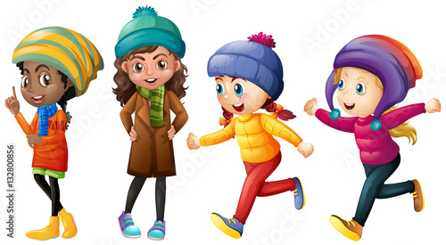 Four cute girls in winter clothes