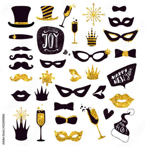 Black-and-gold moustaches, lips, masks,... Glitter Photo Booth Props, isolated on white. Decorative elements for Merry Christmas or New Year's Eve Party. Hand drawn vector illustration.