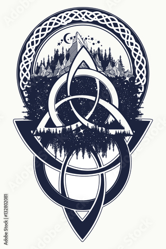 Celtic knot tattoo. Mountain, forest, symbol travel,  symmetry