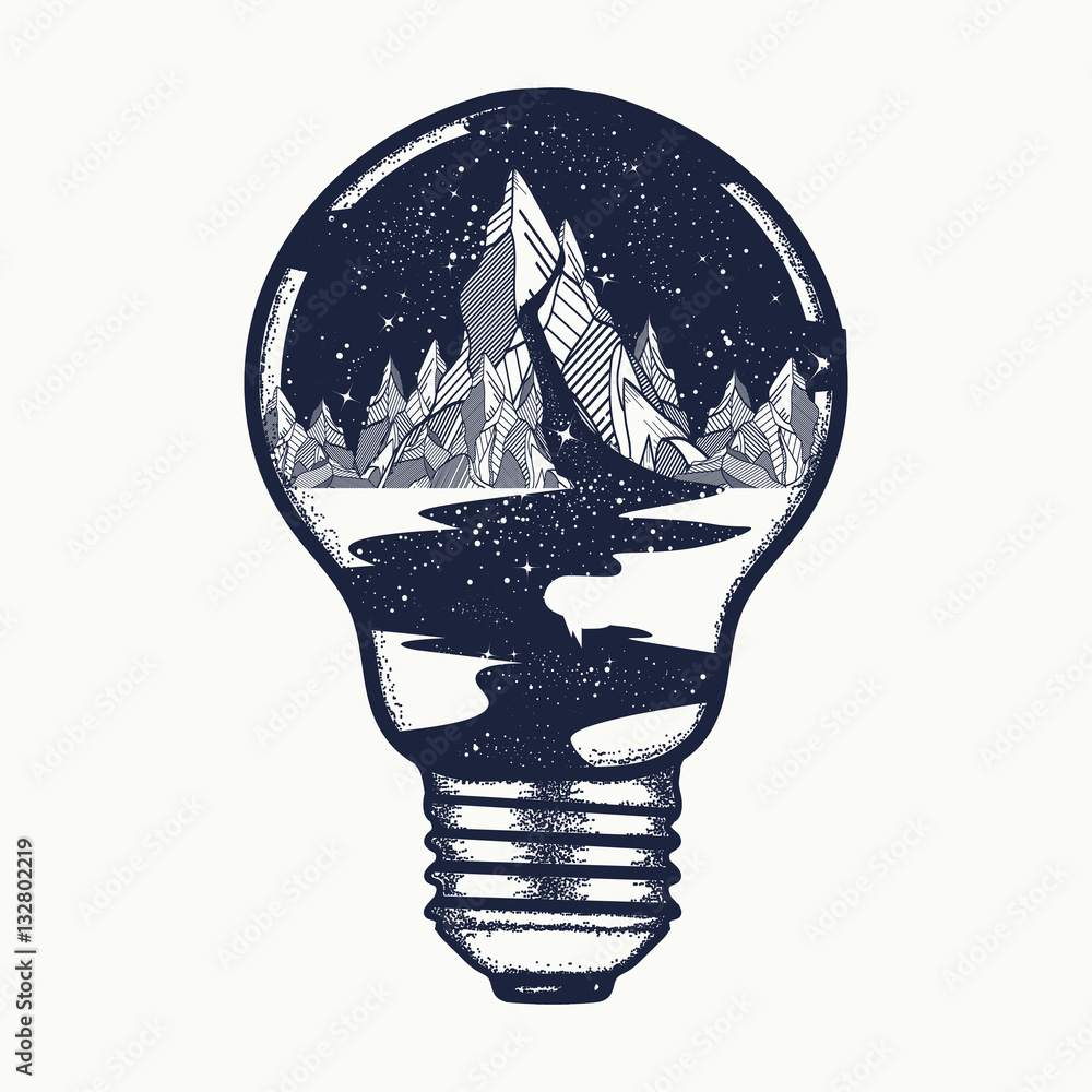 Mountains in a light bulb, tattoo. Symbol of a travel, tourism Stock Vector  | Adobe Stock