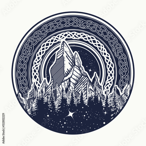 Mountains in the circle tattoo, celtic style. Great outdoors