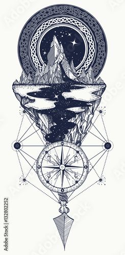Mountains, compass, arrow, tattoo. Adventure, travel, outdoors