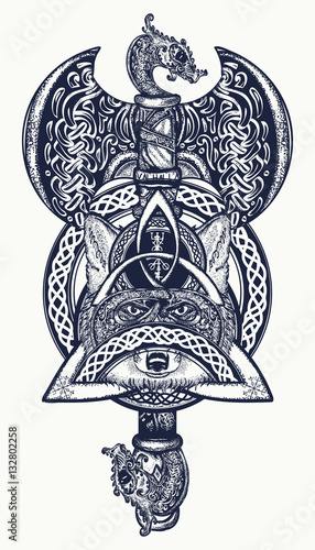 Thor's Hammer tattoo. Axe viking, warrior fox, celtic style