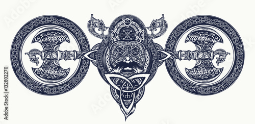 Viking tattoo, Celtic style. North warrior head t-shirt design