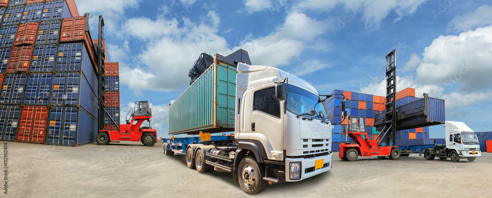 Truck with Industrial Container Cargo for Logistic Import Export business - obrazy, fototapety, plakaty 