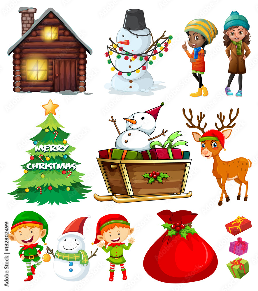 Christmas elements with tree and many characters
