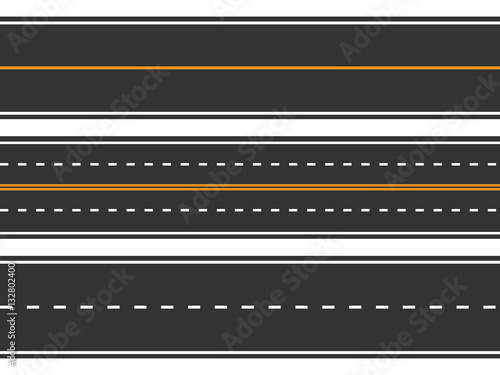 Template set of straight asphalt roads. Seamless road background. Vector EPS 10