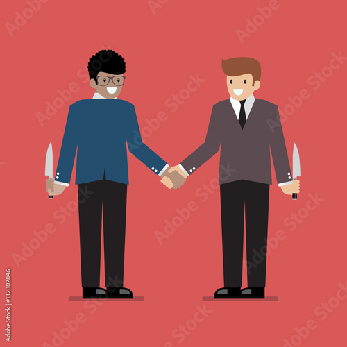 Businessmen hiding the knife for Betrayal or back stab of busine