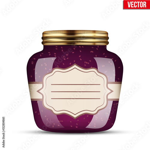 Canning Glass Jar with raspberries jam and and sticker label. Vector Illustration isolated on transparent background.