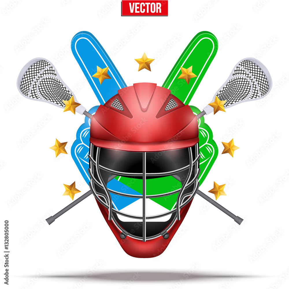Label of Lacrosse symbol. Sticks and helmet with fan fingers and stars