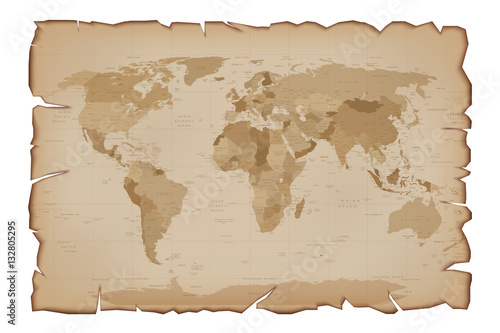 Old Map on Paper Scroll with tattered edges. Vector illustration Isolated on white background.