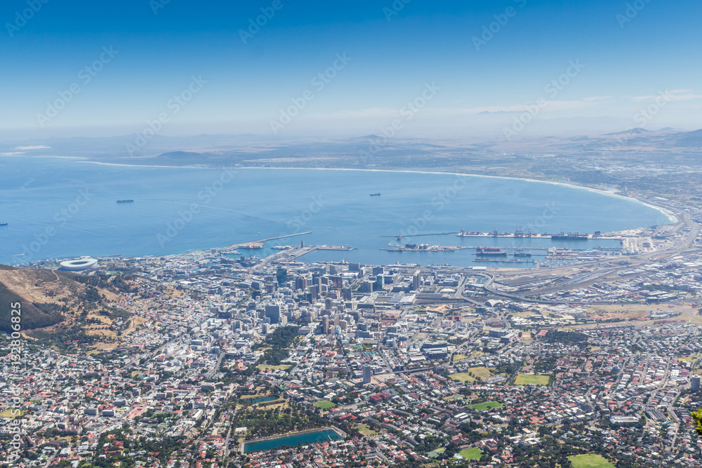 View of Table Bay and city of Cape Town from top of Table Mountain