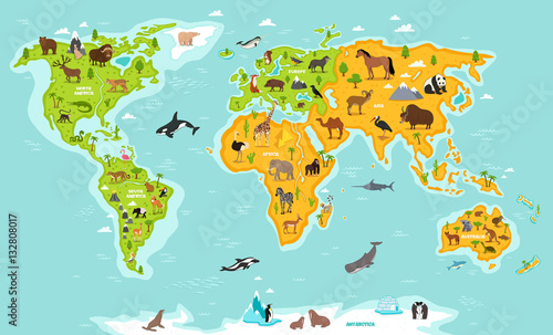 World map with wildlife animals vector illustration. Animals planet concept, world continents with flora and fauna. Giraffe, elephant, monkey, zebra, bear, turtle, whale, walrus, penguin, lynx, panda © studioworkstock