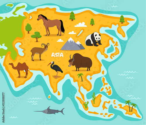 Asian map with wildlife animals vector illustration. Asian flora and fauna  horse  panda  yak  camel  ibis  urial in cartoon style. Asian continent in ocean with wild animals  mountains and plants
