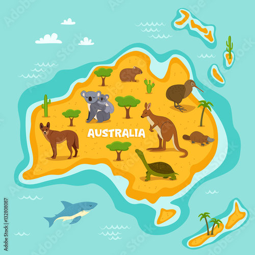 Australian map with wildlife animals vector illustration. Australian flora and fauna, koala, kangaroo, turtle, platypus, kiwi, dingo, shark. Australian continent in ocean with wild animals and plants