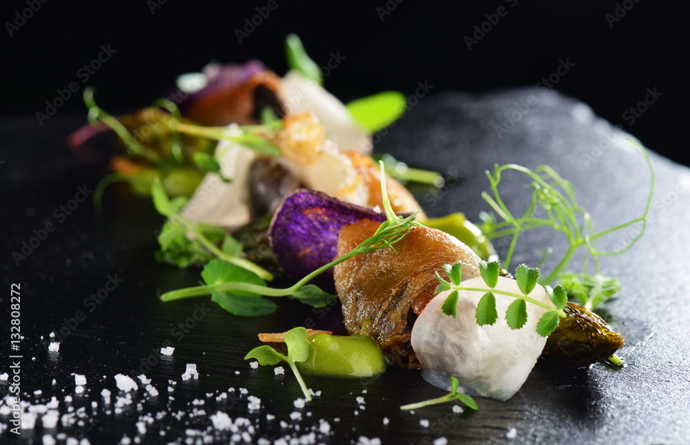 Haute cuisine, Gourmet food scallops with asparagus and lardo bacon - obrazy, fototapety, plakaty 