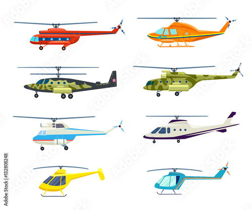 Helicopter set isolated on white background vector illustration. Air transport, propeller aerial vehicle, flying modern aviation. Military and civil helicopter collection in flat design.
