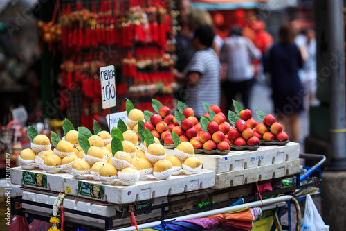 Photography exotic fruit in a street food in Chinatown in bangkok in a day