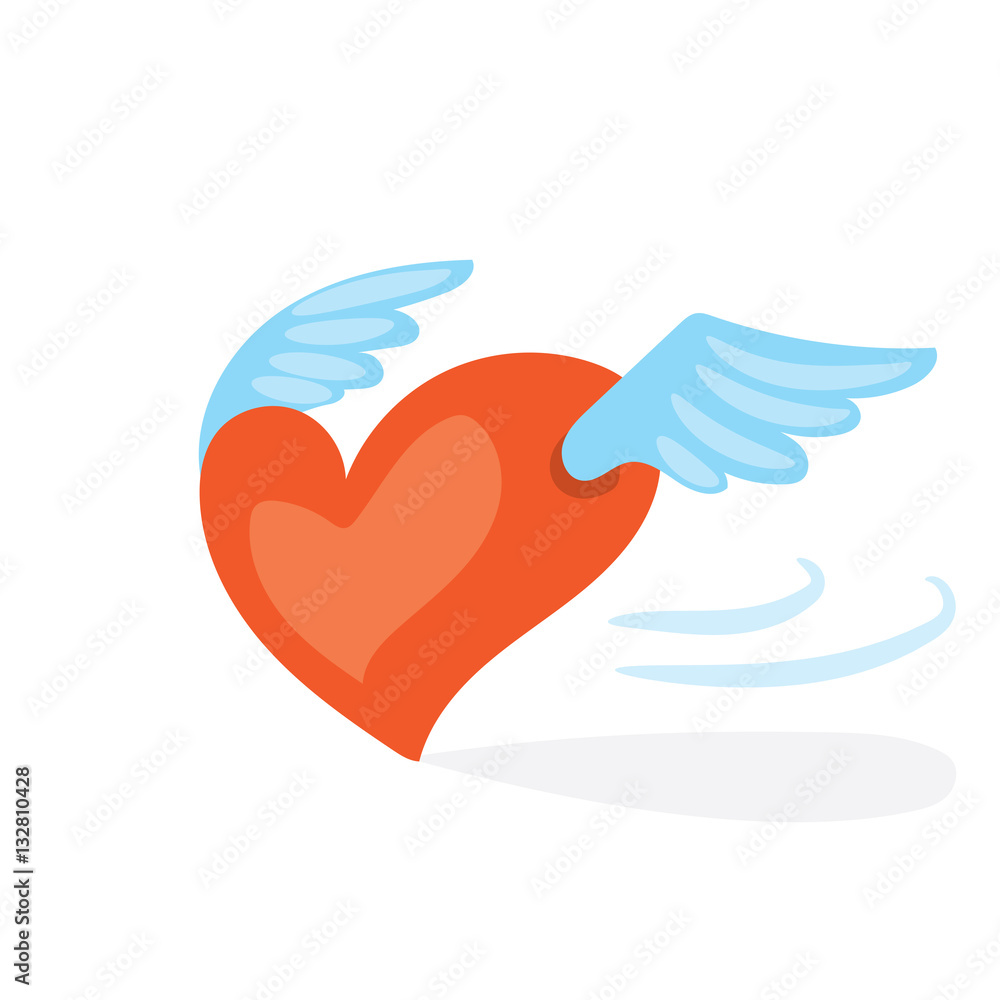 Cartoon valentines day romantic illustration . Red flying heart with wings. Holiday flat design, on white background. Cartoon valentines day romantic illustration . Red flying heart with wings. Holiday flat design, on white background.