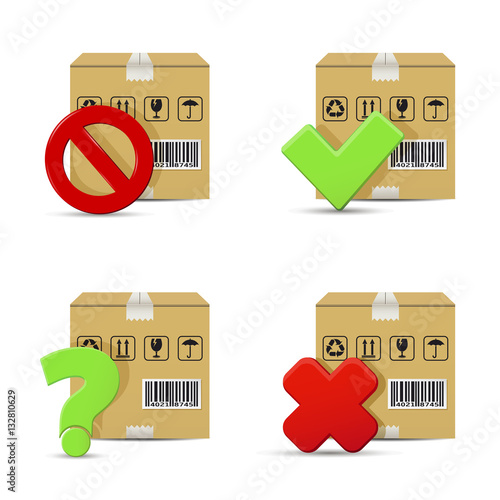 Shipment icons. Cardboard boxes with stop and question signs, wrong and right check marks.