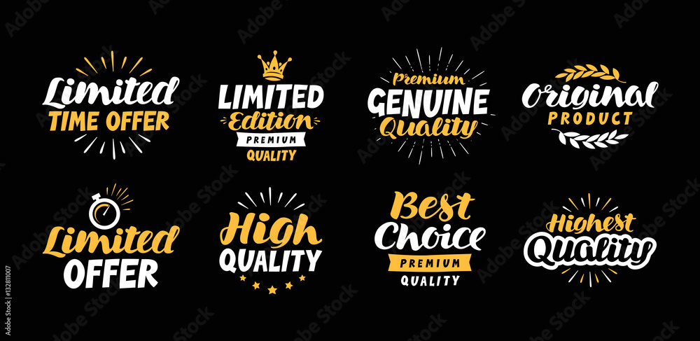 Vector set business labels, icons. Lettering limited time offer, Edition, Genuine, Original product, High quality, Best choice, Premium