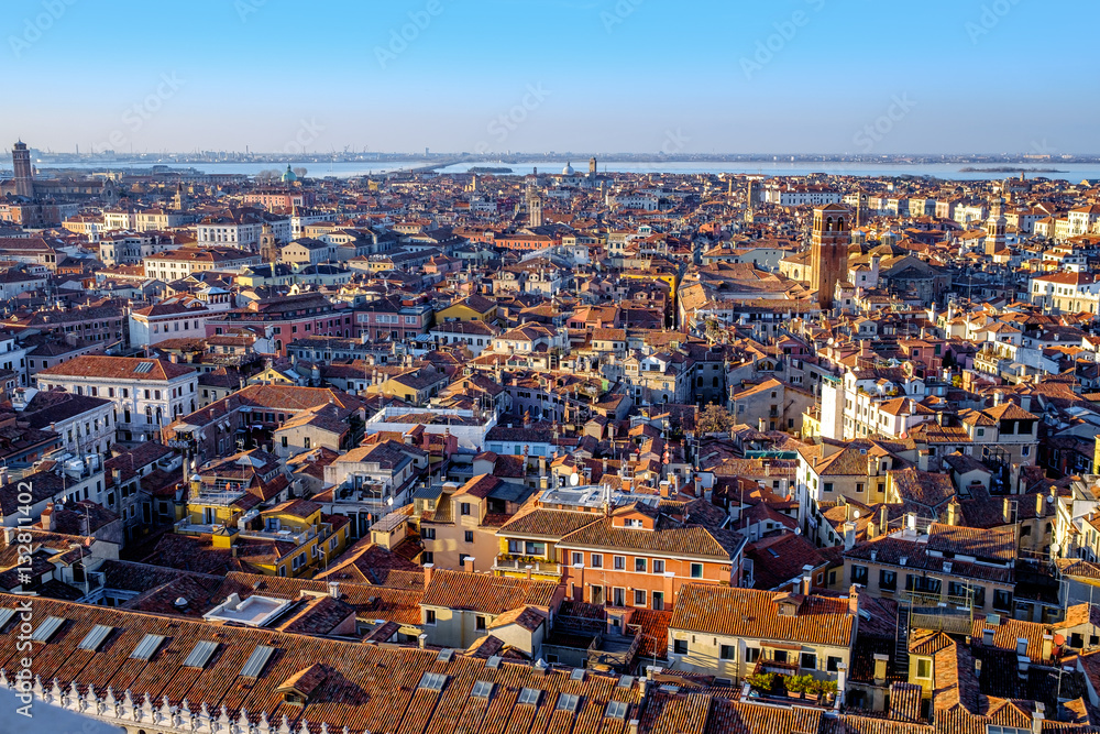 Aerial view in winter from the San Marco Sqaure, Venice, Veneto, Italy. Panoramic view at blue hour.