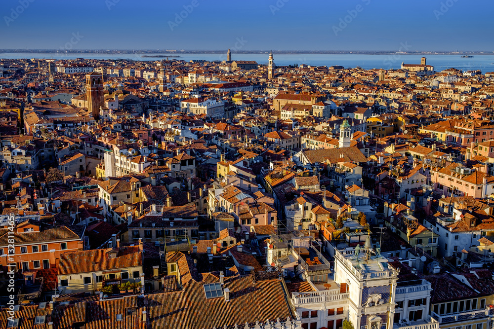 Aerial view in winter from the San Marco Sqaure, Venice, Veneto, Italy. Panoramic view at blue hour.