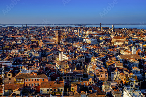 Aerial view in winter from the San Marco Sqaure, Venice, Veneto, Italy. Panoramic view at blue hour.