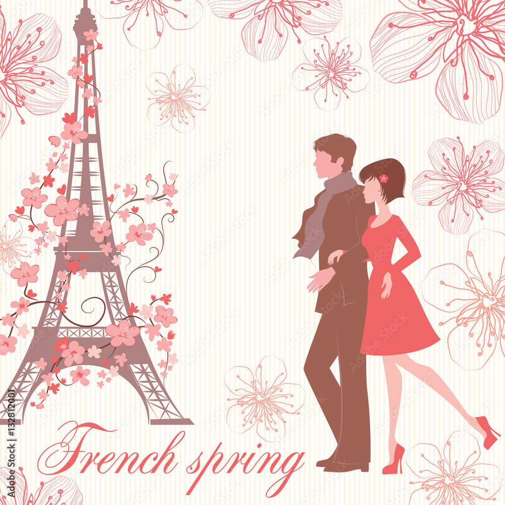 french spring vector illustration with couple