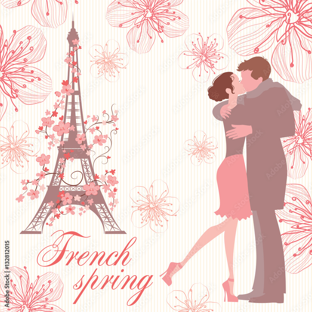 french spring vector illustration with kissing couple