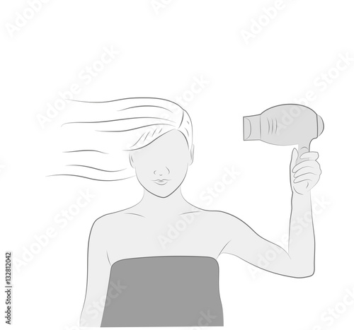 woman with a hair dryer dries hair. vector illustration.