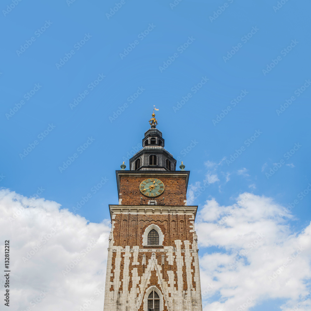 Old Tower With Stylish Big Clock. Old Town Hall In City Center Of Krakow,
Poland. Former City Hall.