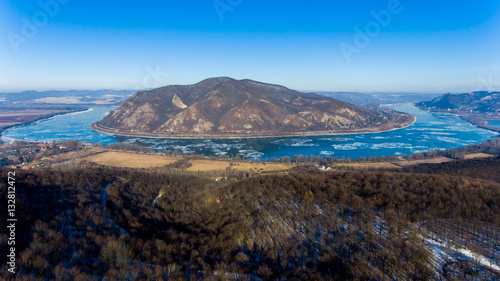 Ice drift on Danube river  Hungary  Visegrad. Aerial view hdr image