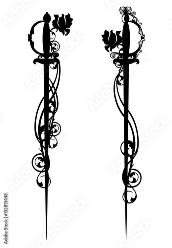 epee swords among roses black and white vector design