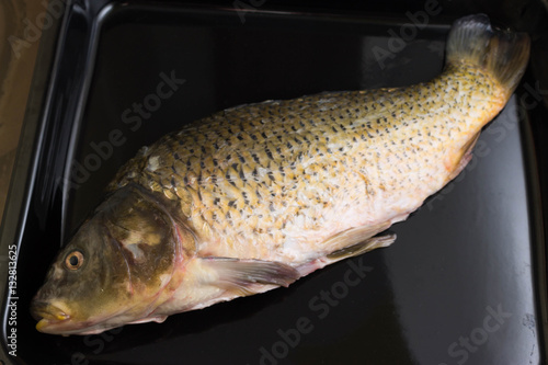 Raw carp on a baking sheet prepared for cooking