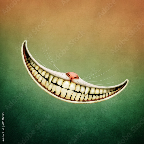 Fantasy illustration or poster fairy tale story of Wonderland with Smile Cheshire Cat. 