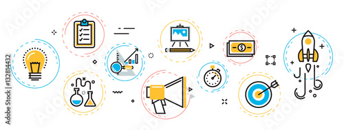 Flat line design illustration concept of scheme and plan business project startup process banner for website header and landing page in circles digital element. Idea, analysis, investment, start