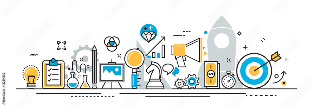 Flat line design illustration concept of business project startup process  banner for website header and landing page, infographics, logo and icon. Idea, plan, analysis, investment, start