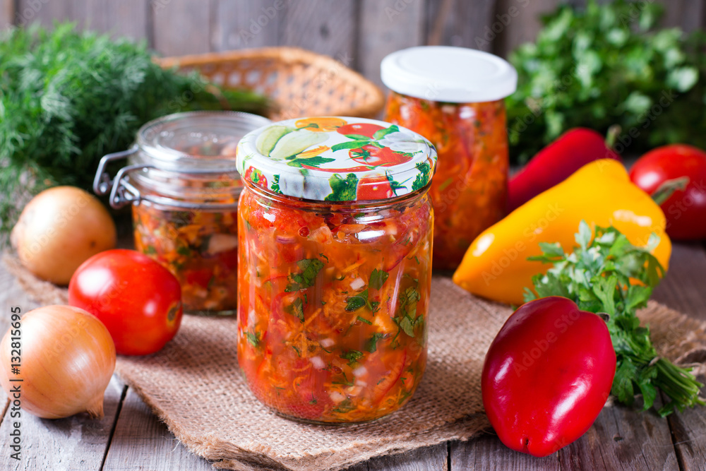 Canned vegetable salad in a glass jar Canned vegetable salad in a glass jar