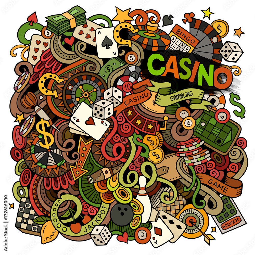Cartoon hand-drawn doodles casino, gambling illustration
