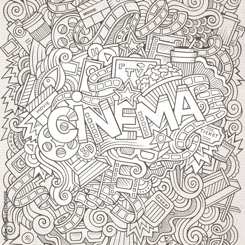 Cartoon cute doodles hand drawn Cinema inscription