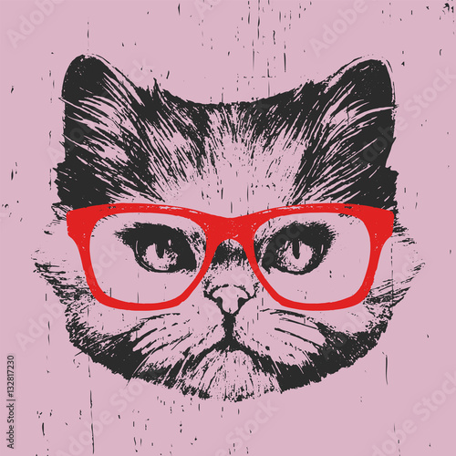 Portrait of Persian Cat with glasses. Hand drawn illustration. Vector.