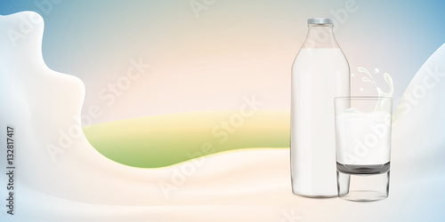 Realistic yogurt vector illustration with milk bottle on bright background