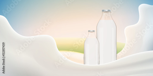 Realistic yogurt vector illustration with milk bottle on bright background